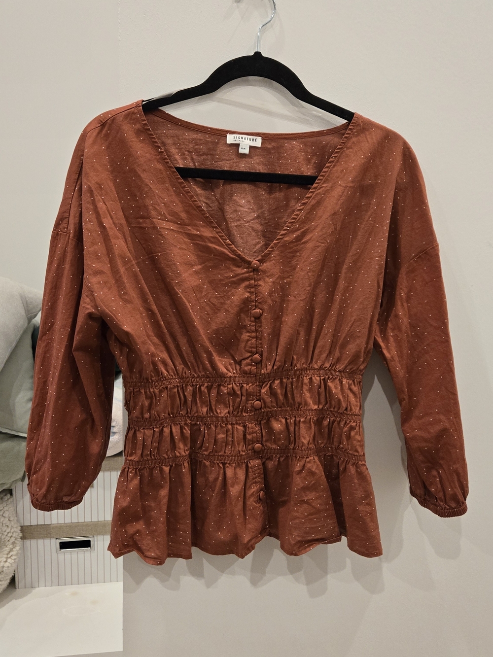 Signature Rust Peplum Button-Front Blouse